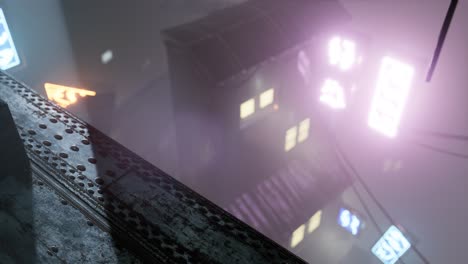 neon-lights-in-soft-focus-on-street-with-fog-at-night